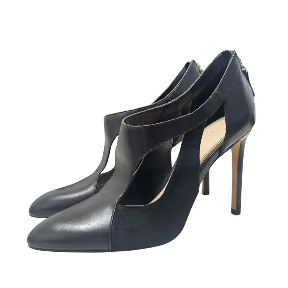 Zara Cut-Out Pumps 8.5 Black Leather Suede Stiletto Pointed Toe Zip